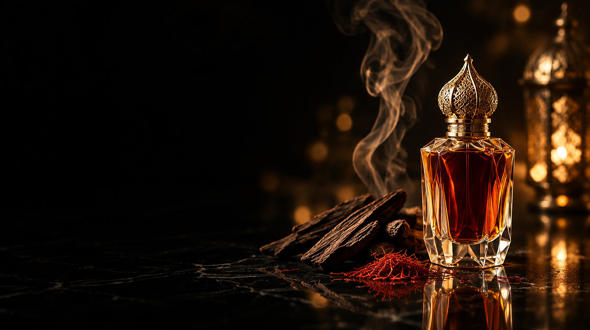 Crystal perfume bottle with oud, saffron and incense smoke on black marble