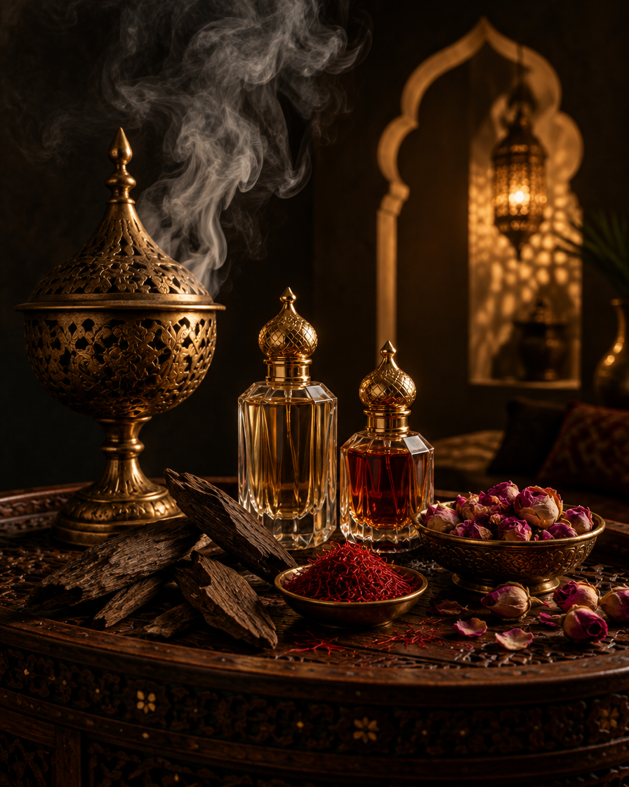 The ritual of Arabian perfumery: incense burner, perfume bottles, oud and saffron